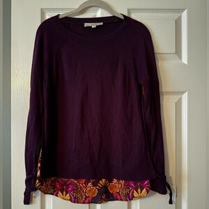 LOFT Dark Purple Sweater with Vibrant Floral Hem and Back